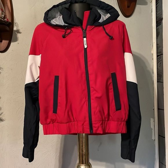 Medium Hollister red blue white long sleeve removable hood lined jacket coat - Picture 2 of 13
